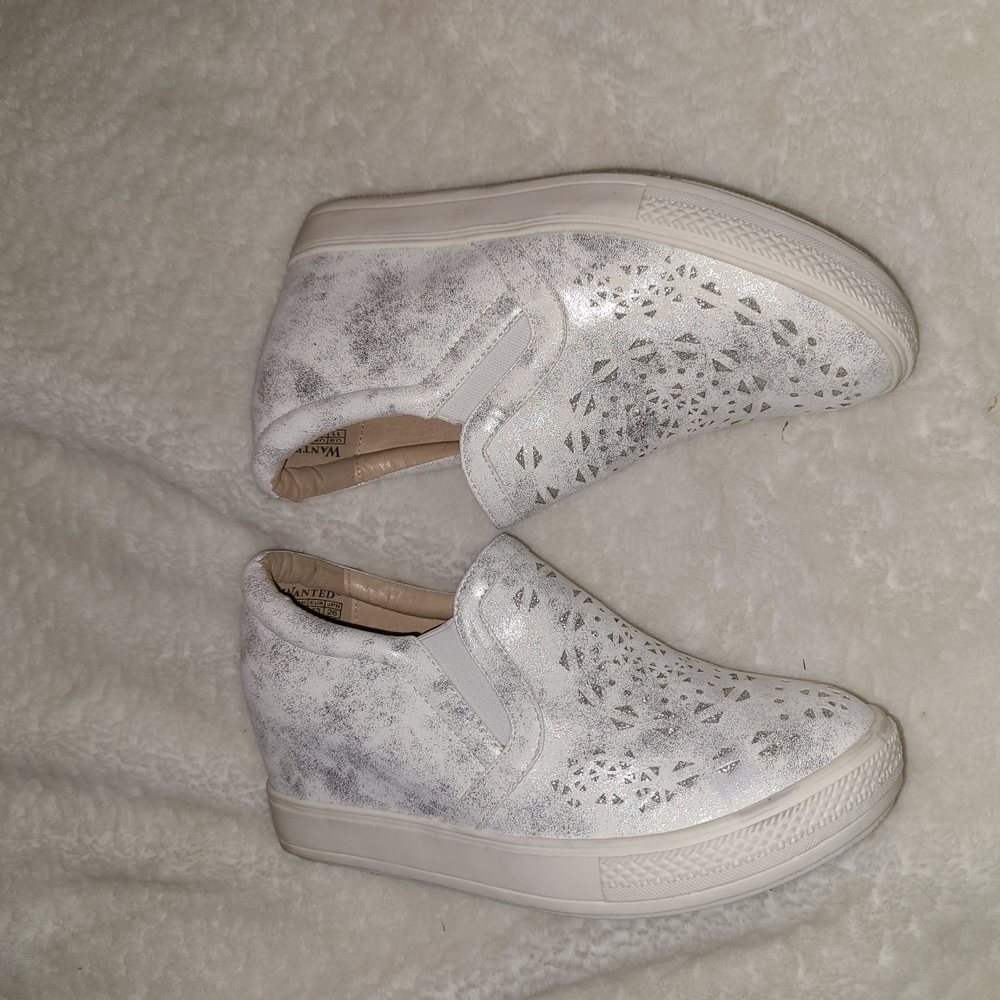 Wanted Size 11 White &Silver Faux Leather Wedge Sneakers